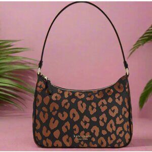 Kate Spade Little Better Sam Shoulder Bag Small Black Leopard Nylon Top Handle